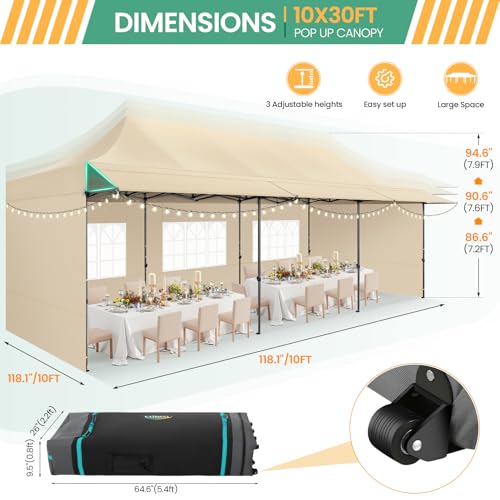 COBIZI 10x30 Pop Up Canopy Tent with Awning & Sidewalls, Heavy Duty Commercial 10X30 Canopy Tents Instant Waterproof, UPF 50+ Sun Shade for Outdoor, Parties, Markets (Khaki) - color: Khaki, size: 10x30FT with 5 Sidewalls & 3 Awning Cloth