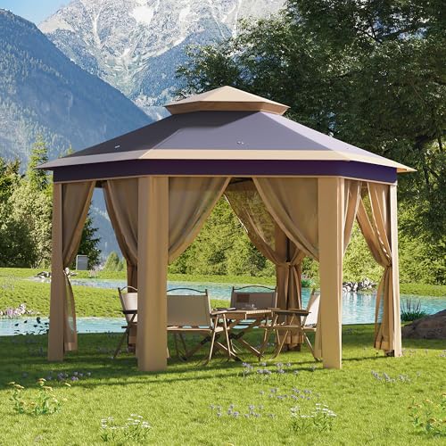13X13 Pop Up Gazebos,Outdoor Canopy Tent with Mosquito Netting, Double Vented Roof Sun Shelter with Adjustable Heights,Outdoor Gazebo for Backyard & Patio Furniture.（Khaki-Six Sides Gazebos） - color: Khaki Beige
