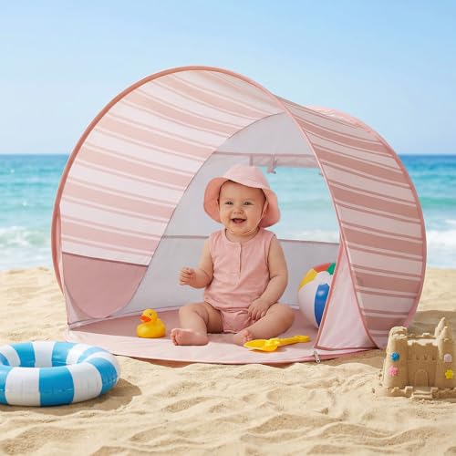 Pop Up Baby Beach Tent - Baby Tent for Beach with UPF 50+ UV Protection, Portable Sun Shade Canopy Summer Beach Essentials Outdoor for Infants (Pink Stripes) - color: Pink Stripes