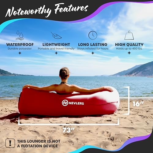 Nevlers Red Inflatable Lounger | 210T Polyester Inflatable Furniture | No-Pump Blow Up Couch | Inflatable Sofa w/ 450lbs. Cap., Pockets & Matching Bag | Use as Inflatable Couch for Camping & More - color: Red, size: 1 Pack