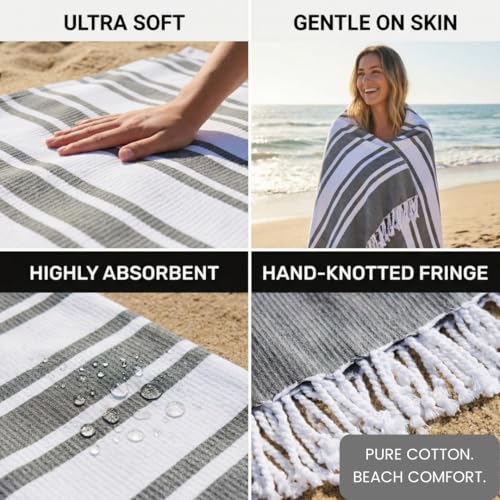 Turkish Beach Towels Set of 2 - Oversized Cotton Beach Towels 40X70 inch - Sand Free Quick Dry Beach Blanket for Adults - Extra Large Towels for Beach Bath Pool Yoga Travel - Grey - color: Grey, size: 2 Pack