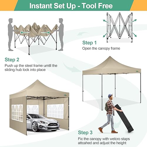 COBIZI 10x10 Pop Up Canopy Tent with 4 sidewalls Commercial Heavy Duty Canopy UPF 50+ All Weather Waterproof Outdoor Canopy Wedding Tents for Parties Gazebo with Roller Bag, Khaki (Windproof Upgraded) - color: Khaki, size: 10x10 With Sidewalls