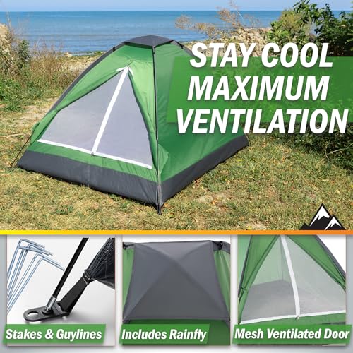 2 Person Outdoors Camping Tent with Rain Fly and Carrying Bag - Lightweight Outdoor Pop Up Tents for Camping Essentials, Music Festivals, Backpacking, Hiking, or Beach Shelter by Wakeman Outdoors - color: Green