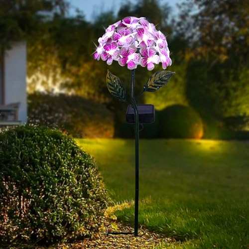 Solar Hydrangea w/26 LED Lights, Metal Ground Stake, 3 Colors - Pink - color: Pink