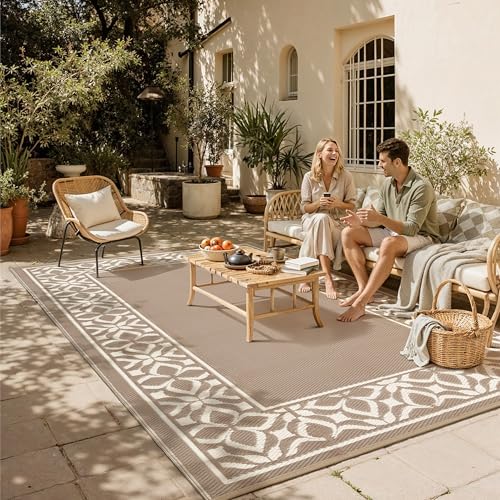 PureCozy Outdoor Plastic Straw Rug Beige Brown Large Outside Waterproof Outdoor Patio 6x9 Carpet Geometric Reversible Mat Modern for Camping RV Porch Deck Balcony Beach - color: Geo | Beige Brown, size: 6' x 9' (Rectangular)