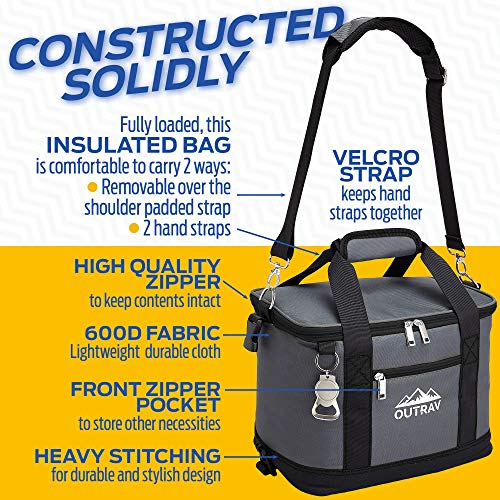 Collapsible Insulated Cooler Bag – 6L Thermal Lunch Bag with Bottle Opener, 16 Can Capacity – Perfect For Camping, Picnics and Travel - Handles and Removable Shoulder Strap - By Outrav - color: Grey with Black Trim