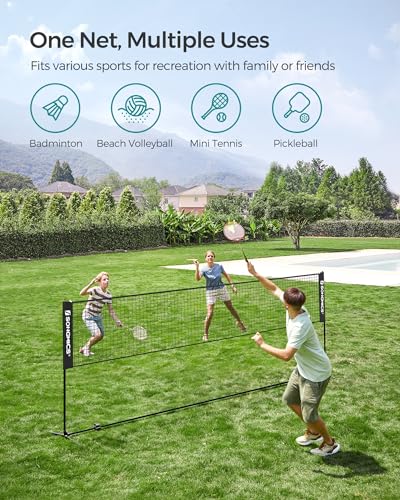 SONGMICS Badminton Net, Height Adjustable Volleyball Net, Pickleball Net for Junior Tennis, Kids, Indoor Outdoor Court, Foldable Nylon Net with Poles 10ft/13ft/16.5ft Wide - color: Black, size: 13FT
