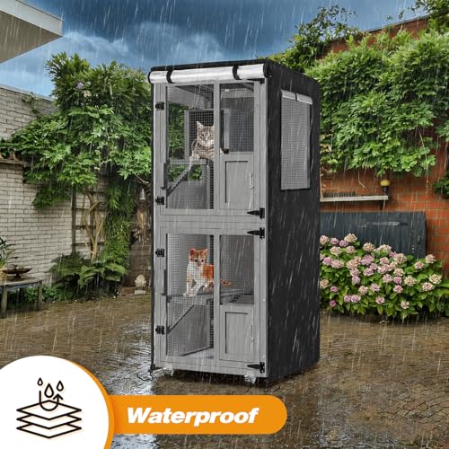 Catio Cover, 26" L x 25" W x 63" H Waterproof Cover for Outdoor Cat Enclosure, 420D Cat Cage Cover for TRYKERPET Catios, Black (Catio Not Included) - size: 26.0"L x 25.0"W x 63.0"H