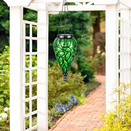 SUNNYPARK Outdoor Plastic Solar Hanging Lantern, 15 Cool White LEDs Twinkle Effect Tear-Shaped Hanging Lantern Decor Garden Decorative Solar Lights for Backyard, Patio and Lawn - style: Green