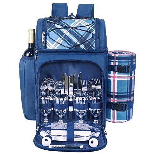 Hap Tim Picnic Backpack for 4 Person with Blanket, Insulated Leakproof Cooler Compartment, Wine Holder, Cutlery Set, Gifts Ideals for Wedding, Housewarming, White Elephant, Bridal Showers(36079-BL) - color: Blue, size: 4 Person