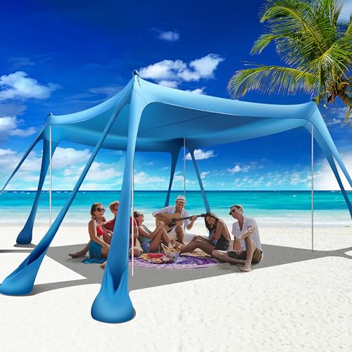 Beach Canopy Beach Tent Pop Up Shade 10x10ft Sun Shelter UPF50+ with 8 Sandbags-2 Sand Shovel-4 Aluminum Poles-Ground Pegs-Portable Carrying Bag for Outdoor Family Camping Fishing Yard Picnic - color: Royal Blue