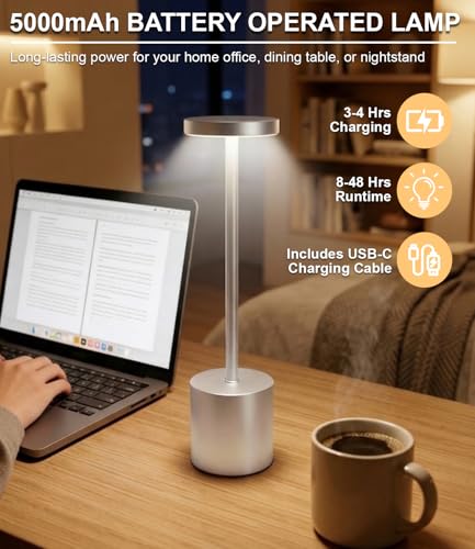 Silver Cordless Table Lamp Rechargeable - 2 Pack 5000mAH Battery Operated Lamp for Counter, 3 Color Stepless Dimming Waterproof LED Wireless Lamp for Dining Kitchen, Outdoor Patio, Touch Control - color: Silver(Set of 2)