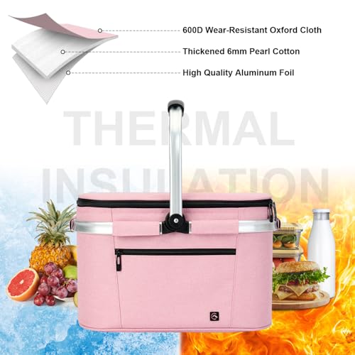 ALLCAMP Picnic Basket - Insulated Cooler, Thickening Foldable Picnic Basket with Removable Baskets & Sewn-in Frame, Basket for House Warming Gifts New Home(Pink) - color: Pink, size: Medium