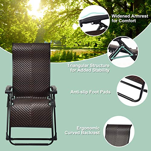 Tangkula 2 PCS Rattan Zero Gravity Chair, Outdoor Adjustable Folding Lounge Chair with Widened Armrest & Locking System, Heavy Duty Wicker Chaise Folding Recliner for Pool, Patio, Beach, Yard (2)