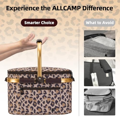 ALLCAMP Picnic Basket - Insulated Cooler, Thickening Foldable Picnic Basket with Removable Baskets & Sewn-in Frame, Basket for House Warming Gifts New Home(Leopard Print) - color: Leopard Print, size: Medium