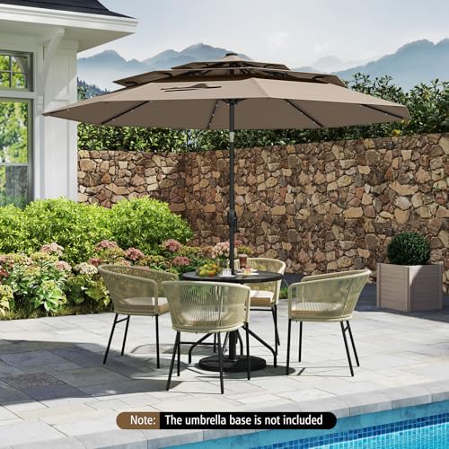 Tangkula 10 FT Solar LED Patio Umbrella, 3-Tier Vented Outdoor Market Table Umbrella with 32 LED Lights, Tilt Adjustment, Crank Handle, 8 Ribs for Backyard Pool Deck (Tan) - color: Tan