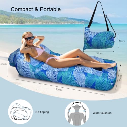 Inflatable Couch Air Lounger for Adults, Ultralight Portable Blow up Couch Air Sofa, Inflatable Beach Lounger Bed for Camping Hiking Festival Backyard Lawn, No Pump Required - color: Klein Blue Feather