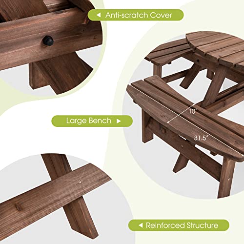 Giantex Wooden Picnic Table Set with Wood Bench, 4 Adults or 8 Kids Outdoor Round Table with Umbrella Hold Design, Perfect for Outdoor Garden Yard Pub Beer Dining, Dark Brown - size: 70.5"L×70.5" W×27.5" H