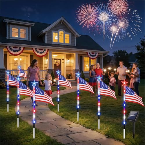 8 Piece Solar American Flag Pathway Stake Light Set, Patriotic Red White Blue Waterproof LED Outdoor Yard Garden Stake with 8 Lighting Modes for 250th Anniversary, 4th of July Decoration (A) - color: A