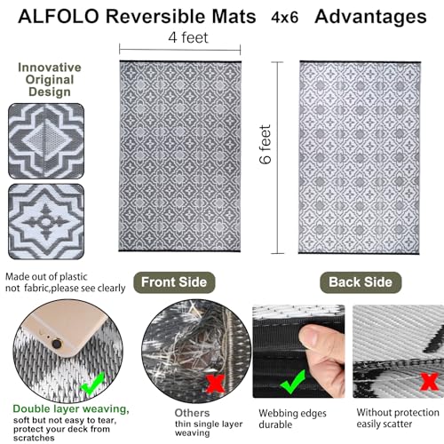 Alfolo Outdoor Rug for Patios Clearance 4X6 Waterproof Reversible Plastic Straw Rug RV Camping Mat Outside Area Rug Carpet for Camping RV,Porch,Deck,Balcony,Camper,Backyard - color: Grey&white, size: 4' x 6' (Rectangular)