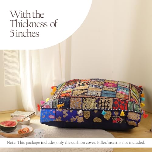 THE ART BOX Cotton Patchwork Vintage Boho Embroidered Floor Pillows & Cushion Cover Dog Pouf Seating Pouf Meditation Pillow Pet Bedding Cat Bed Boho Home Décor (35x35 Inches, Cover Only) - color: Blue