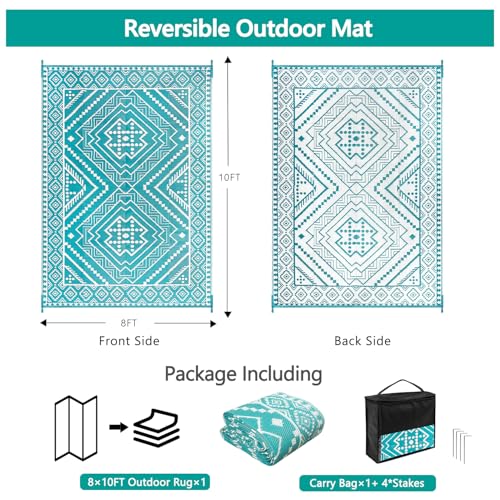Waterproof Outdoor Rug 8x10 ft, Reversible Plastic Straw Mat, Large Floor Mat for Patio, Camping, Picnic, Backyard RV, Deck, Teal - color: Teal, size: 8' x 10'