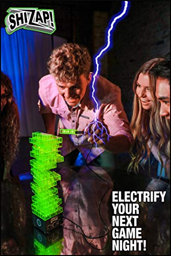 ShiZap! - Electric Shock Stacking Block Game, Plastic Tumble Tower Blocks, Shocking Tweezers, LED Base That Plays Suspenseful Music, Family Fun Party Games for Teenage Boys, Girls, Adults