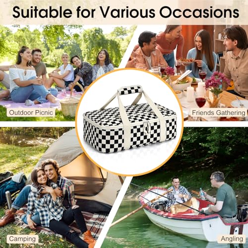 Corduroy Casserole Carrier, Insulated Lasagna Lugger for Hot/Cold Food, Fits 9" x 13" Baking Dish, Thermal Lunch Tote for Potluck & Picnic -Corduroy Black Checkered - color: Corduroy Black Checkered, size: 16x10x4 in