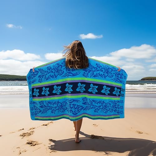 COTTON CRAFT Oversized Beach Towel - 2 Pack XL 39 x 68 inches Big & Huge Beach Blanket Towel - 100% Cotton Jacquard Velour - Super Soft Luxury - Pool Picnic Bath - Tropical Hibiscus Aqua Blue Purple - color: Hibiscus - Aqua Blue Purple, size: 2 Pack - 39x