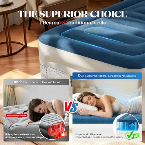 VOSSER Twin Air Mattress with Built-in Pump,Fast & Easy Inflation/Deflation Inflatable Mattress, Foldable Blow Up Mattress with Storage Bag, Inflatable Bed for Home, Camping & Guests - color: Blue, size: Twinxl 18''(comfort Height)