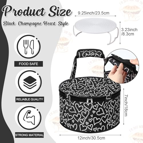 Pickmesh Round Pie Carrier 12 x 7 Inch Insulated Casserole Carriers with Lid and Detachable Handle for Hot or Cold Food Cake Transport Thanksgiving Christmas Gift(Black Champagne Heart) - color: Black Champagne Heart