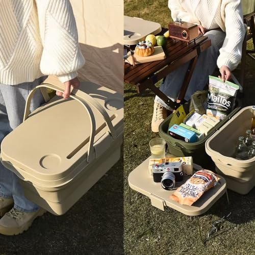 PicnicPro 2-in-1 Foldable Basket & Table – Lightweight Collapsible Storage Organizer with Carrying Handle, Portable Picnic Basket with Tabletop, Space-Saving for Beach Camping Car Boot & Home, Grey