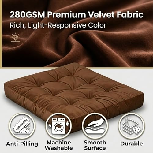 Meditation Cushion, Floor Cushion for Adults, Velvet Floor Pillow for Sitting, Tufted Seat Cushion for Yoga, Living Room, Bedroom & Reading Nook, Machine Washable, 22 x 22 Inch, Brown - color: Brown, size: 1pack