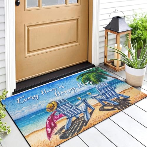 Arttown Beach Shore Tropical Door Mat, 17 x 30 Palm Tree Summer Painting Welcome Doormat Decorative Home Floor Mat, Non Slip Rubber Back and Strong Water Absorption for Outdoor Indoor Entrance Decor - color: Ocean Palm Nature