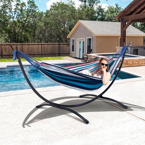 SUNCREAT Hammocks for Outside with Stand, Porch Hammock and Stand, 475 lbs Capacity, Blue & Red Stripes - color: Blue Red