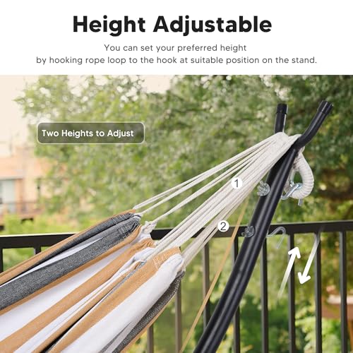 SUNCREAT 2 Person Hammock with Stand, Heavy Duty Free Standing Hammock with Stand Included, Coffee Stripes - color: Coffee White