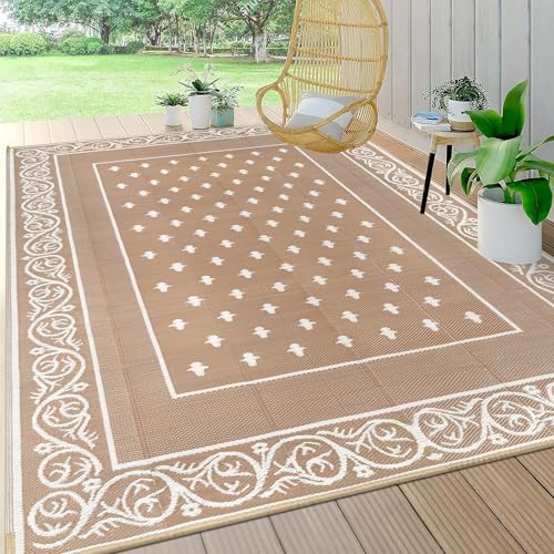 Pauwer Waterproof Outdoor Rug 8x10, Reversible Plastic Straw Patio Camping Rug, Indoor Outdoor RV Mat Carpet for Deck, Camper, Porch, Balcony, Backyard, Picnic, Bordered Beige - color: Bordered Beige, size: 8' x 10' (Rectangular)