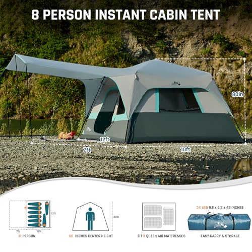 8 Person Instant Cabin Tent, Easy 60 Second Setup Family Tents for Camping, Pop up Camping Tent, Large Waterproof Tents for Outdoor Camping, Spacious Interior, Upgraded Ventilation - color: Green