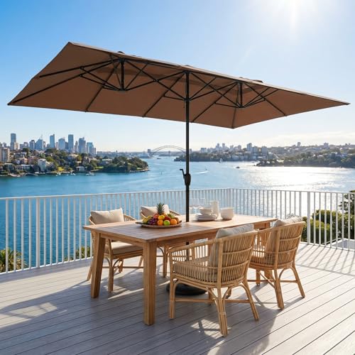 15×15ft Outdoor Patio Umbrella, Double Sided Market Rectangle Umbrella with Crank Handle, Large Sun Shade for Outside Deck, Backyard, Garden - color: Brown