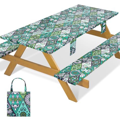 Fitted Waterproof Picnic Table Cover with Bench Covers Elastic 72×30In 3 Piece Camping Table Cloth for 6Ft Rectangle Tables Outdoor Camper Gifts Supplies Patio Rv Traveling Hiking Must Haves - color: Green Bohemian, size: 72" x 30" (Rectangular)