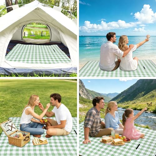 Large Cute Gingham Picnic Blanket Outdoor Camping Picnic Mat Foldable Waterproof Sand Proof Beach Blanket 77"X58" Portable Rug for Picnics Beach Lawn Grass Hiking Concerts Tent Play Mat, Green & White - color: Green & White Gingham