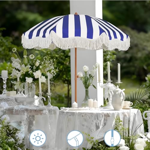 AMMSUN Boho Fringe Umbrella Outdoor Patio, 6.5ft UPF50+ Picnic Umbrella with Tassels with Steel Pole and Push Button Tilt, Navy Stripe - color: Navy Stripe