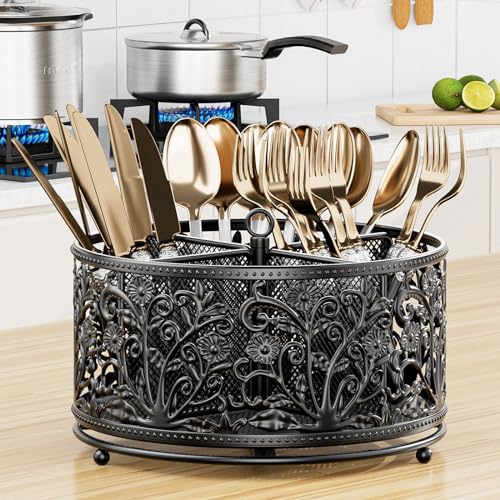 YIUKEA 360° Rotating Utensil Caddy - Silverware Cutlery Caddy Holder with 4 Compartment, Metal Flatware Organizer Countertop with Handle for Party Camping Picnic, Kitchen Counter, Office (Black) - color: Black