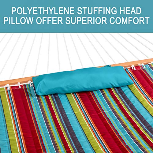 Lazy Daze Hammocks 12 FT Quilted Fabric Double Hammock with Spreader Bars and Detachable Pillow, 450lbs Weight Capacity - color: Blue&red Stripes