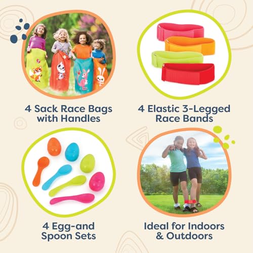 B. toys – 3 Outdoor Games for Kids – Racing Sacks & 3 – Legged Race Bands – Egg – and – Spoon Game – Birthday Party Games – 5 Years + – Outdoor Games Galore - style: Outdoor Racing Games