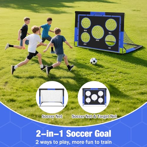 MoKo Soccer Goals for Backyard, 5×4 FT Large Size Pop Up Goal Net with Target Panel, Portable Soccer Training Equipment for Kids Practice, Outdoor Sports Game, Black+Blue