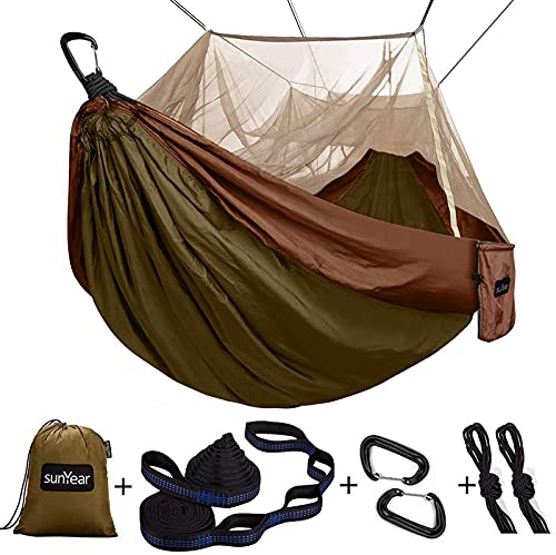 Sunyear Camping Hammock, Portable Single & Double Hammock with Net, 2 Person Hammock Tent with 2 * 10ft Straps, Best for Outdoor Hiking Survival Travel - color: Coffee/Green, size: 78"W*118"L (Double)
