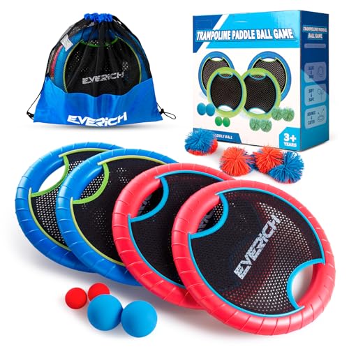 Trampoline Paddle Ball Set with 4 Bouncy Paddles & 4 Balls - Soft Foam Design for Kids Play Indoor Outdoor Beach Backyard Lawn - Great Gift Idea for Boys & Girls - color: Foan Blue Red, size: 4 Paddles 4 Balls