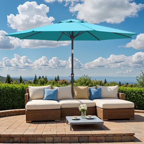 Outdoor Patio Umbrella, Table Umbrella with Push Button Tilt and Crank, 8 Ribs Market Umbrella - color: Blue-Steel Ribs, size: 9FT