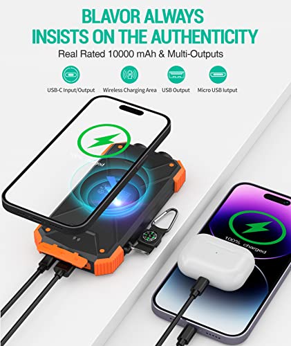 BLAVOR Solar Power Bank 10,000mAh, Portable Wireless Charger, 20W Fast Charging External Battery Pack with USB C for Cell Phones, Solar Panel Charging with Dual Flashlight for Camping - color: Orange